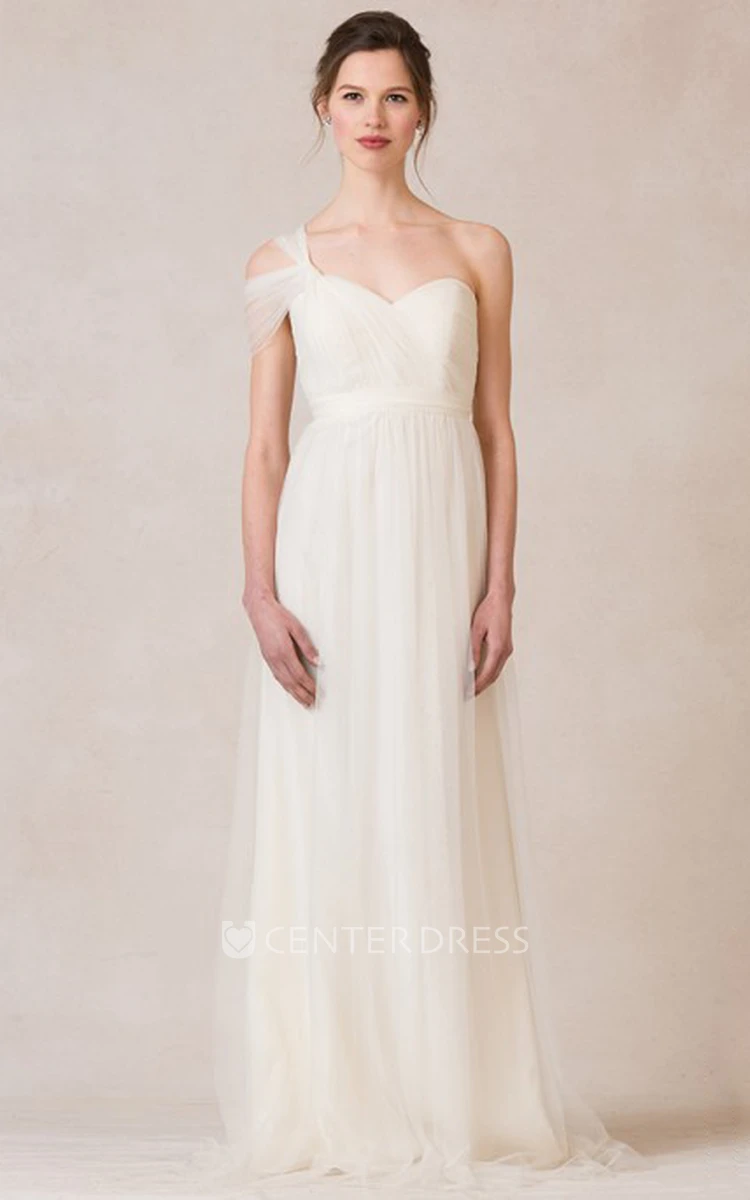 Sleeveless Ruched One-Shoulder Tulle Bridesmaid Dress With Straps