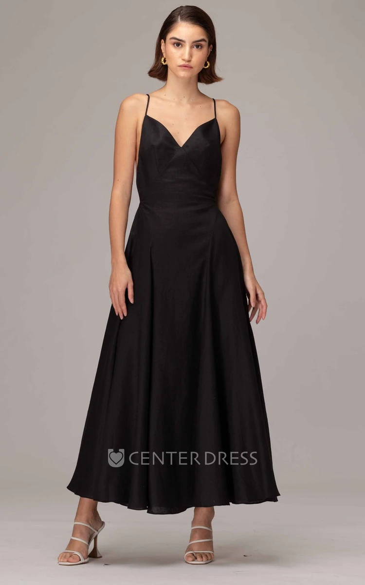 Simple Satin Sleeveless Ankle-length A Line Prom Dress with Open Back