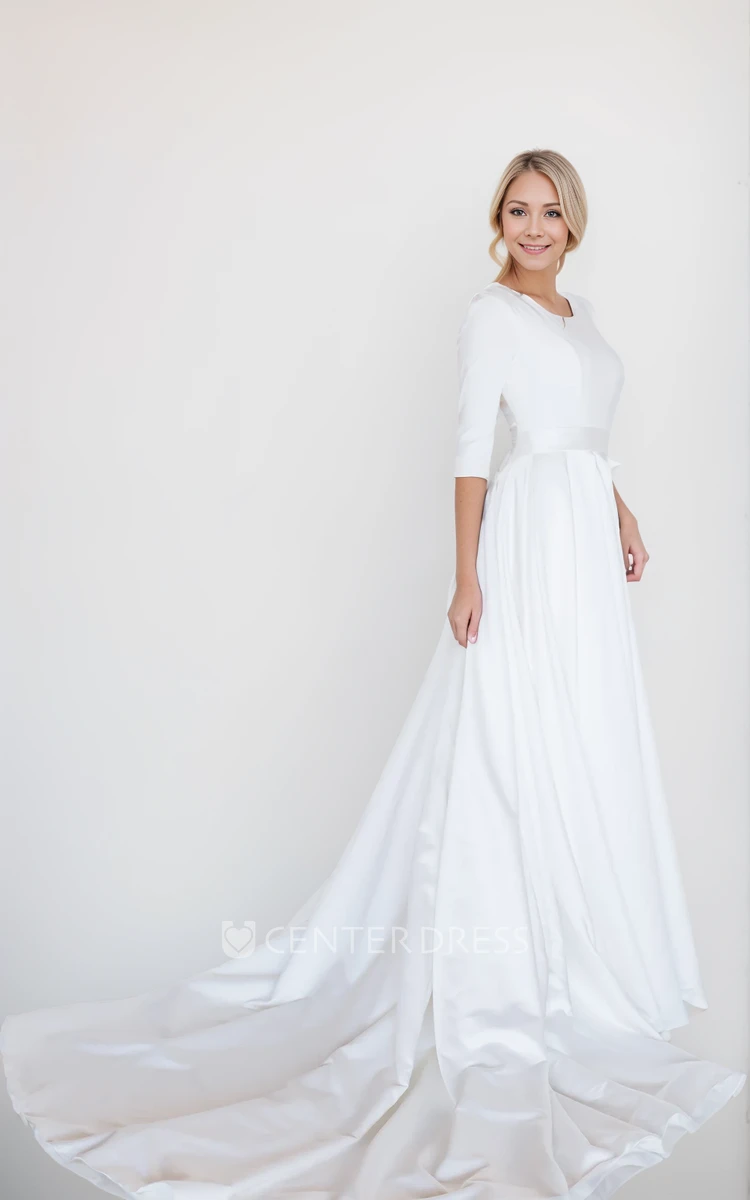 Solid 3/4 Length Sleeve Casual Wedding Dress Simple Satin Minimalist Gown with Sweep Train