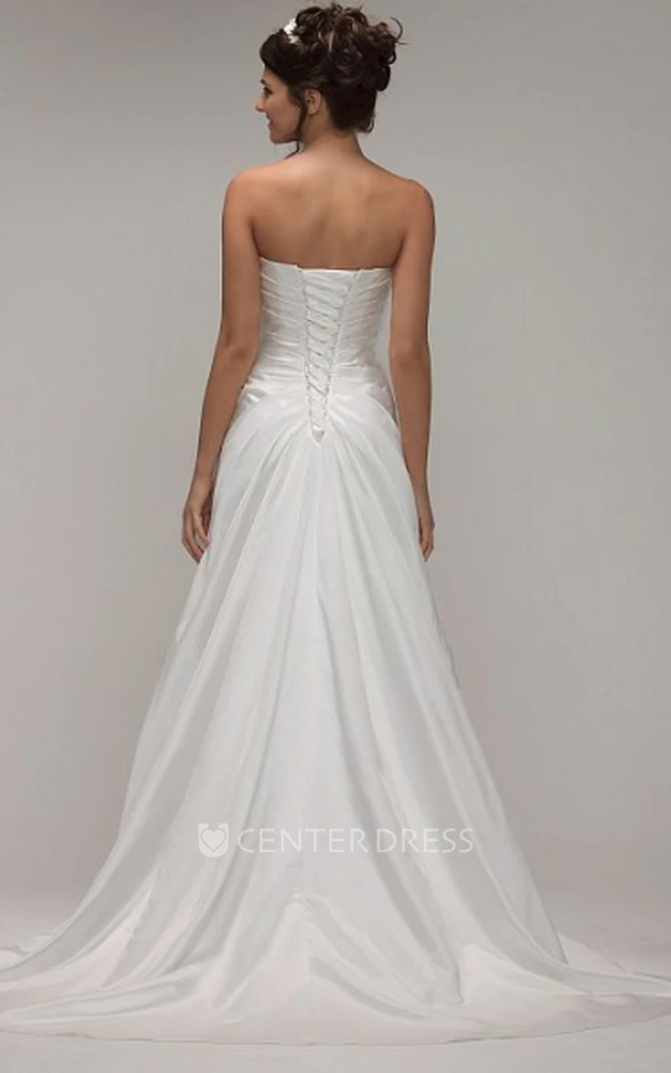 A-Line Strapless Beaded Maxi Satin Wedding Dress With Criss Cross And Broach