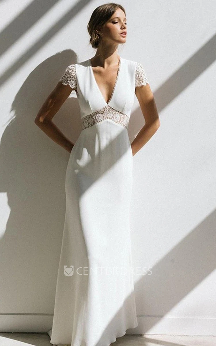 Chiffon V-neck Sheath Empire Short Sleeve Floor-length Open Back Wedding Dress With Lace