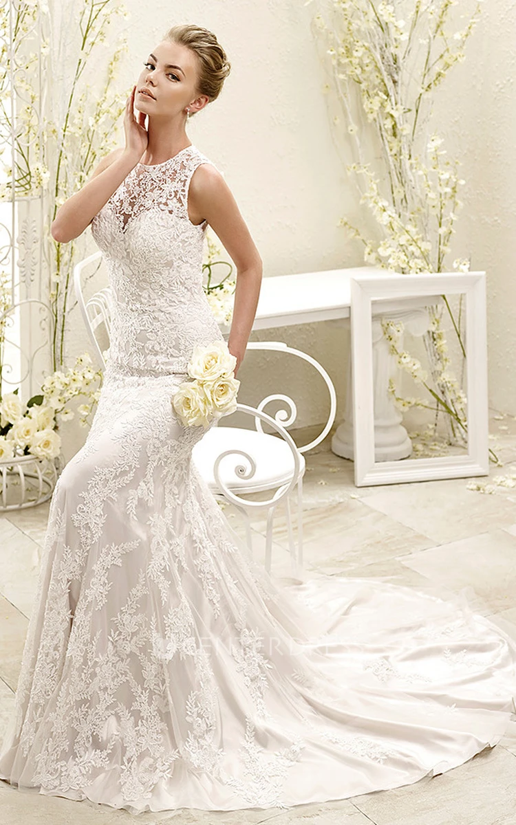 Sheath Long-Sleeveless High Neck Lace Wedding Dress With Appliques And Illusion