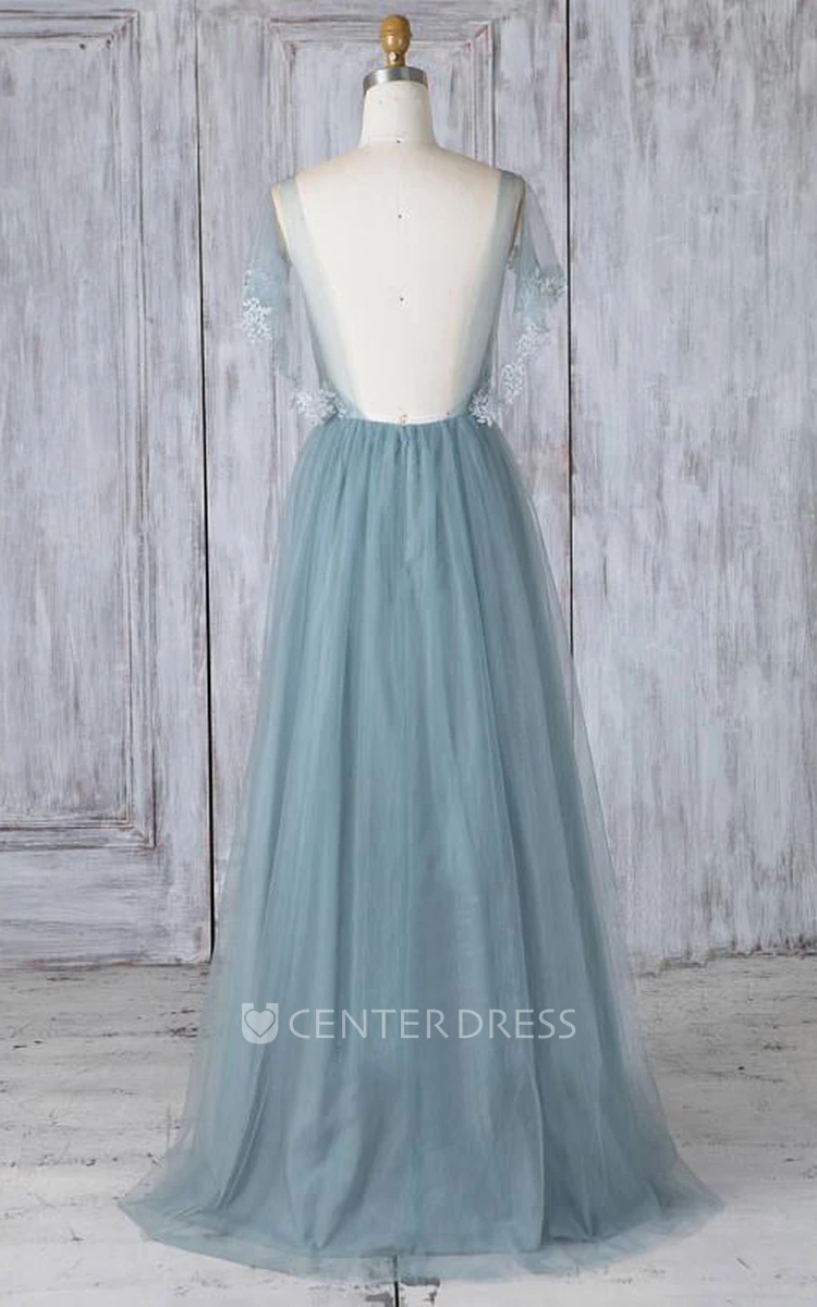 Scoop Tulle Short Sleeve Floor-length A Line Formal Dress with Appliques