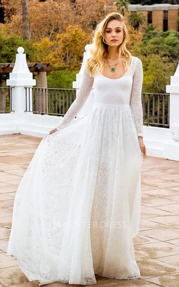 Boho A Line Scoop Neck Lace Floor-length Long Sleeve Wedding Dress with Keyhole Back
