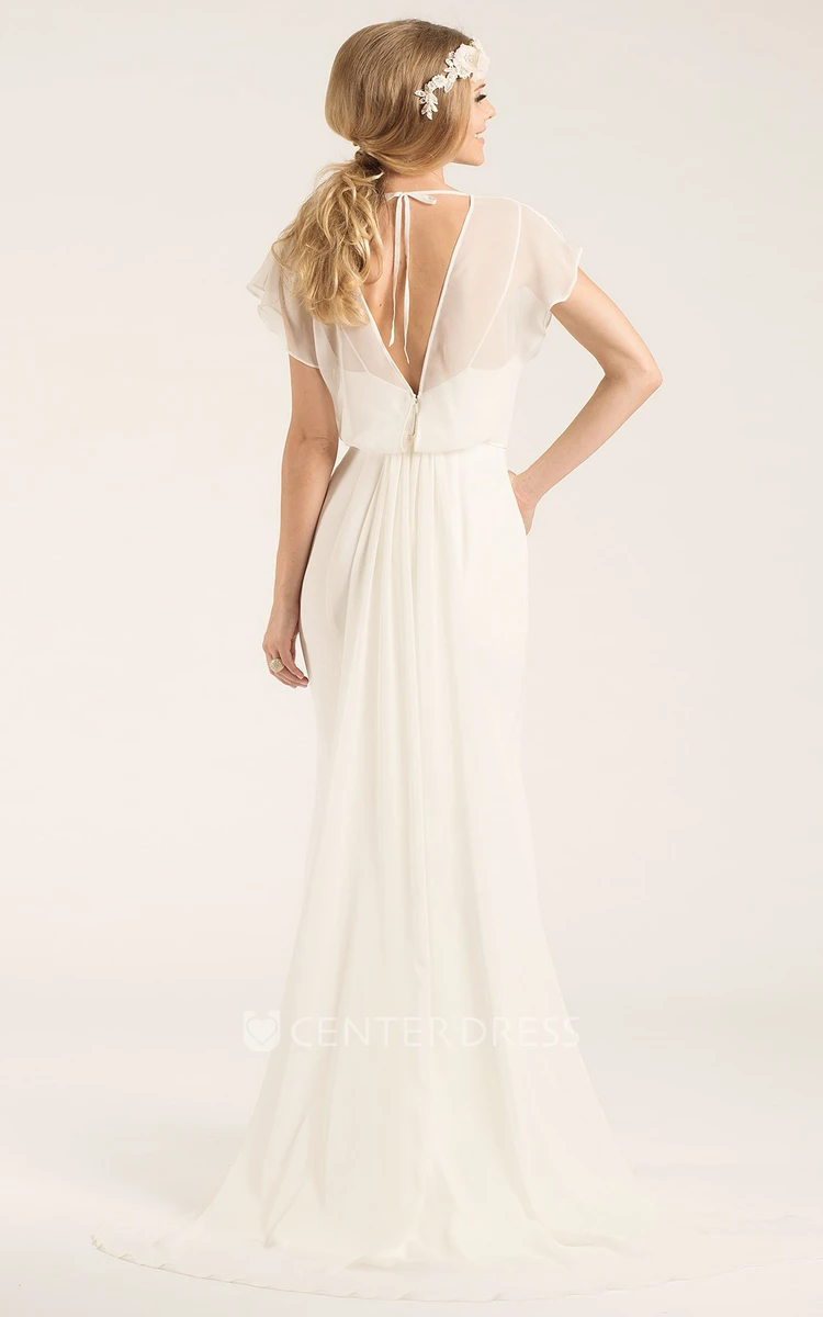 Scoop Long Poet-Sleeve Chiffon Wedding Dress With Court Train And V Back