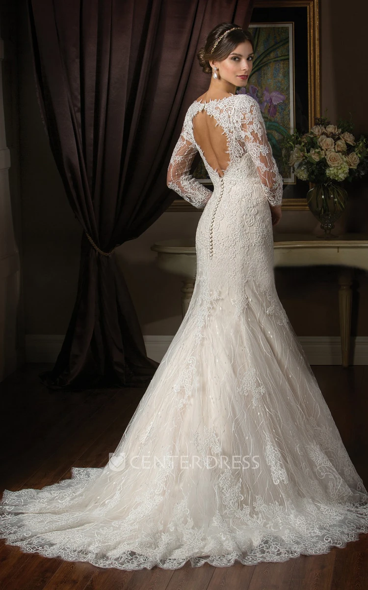 3 4 Sleeved Mermaid Wedding Dress With Illusion Appliqued Style And Keyhole Back UCenter Dress