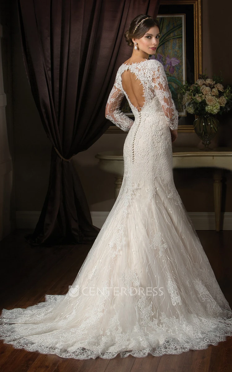 3-4 Sleeved Mermaid Wedding Dress With Illusion Appliqued Style And Keyhole Back