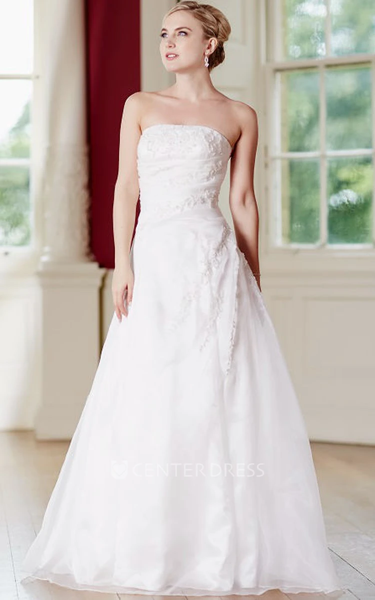 A-Line Floor-Length Appliqued Strapless Sleeveless Satin Wedding Dress With Lace-Up Back And Side Draping