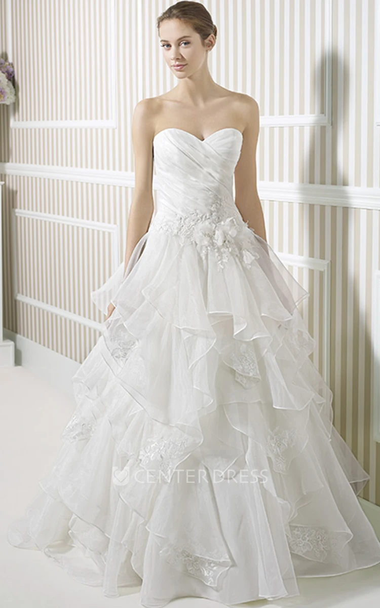 A-Line Sweetheart Appliqued Organza Wedding Dress With Ruffles And Flower