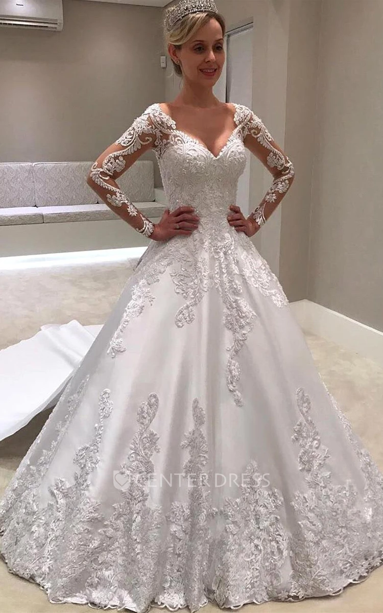 Ethereal Ball Gown V-neck Satin Court Train Wedding Dress with Appliques