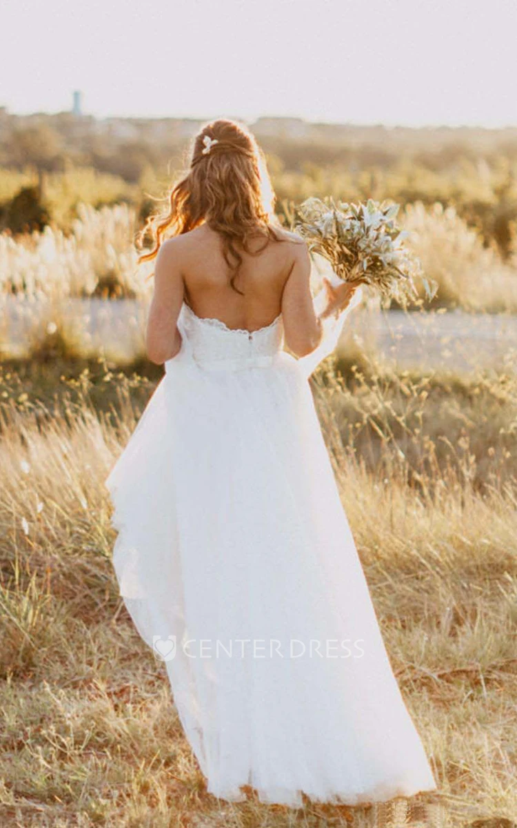 Bohemian A Line Sweetheart Lace Tulle Open Back Wedding Dress