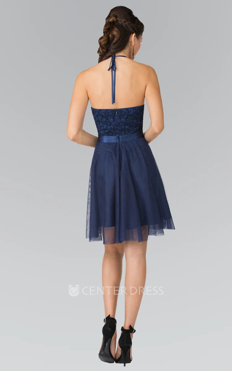 A-Line Mini Halter Sleeveless Tulle Satin Backless Dress With Embroidery