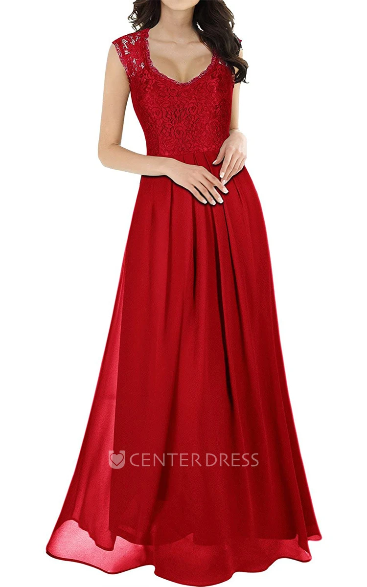 Romantic Sleeveless Lace Chiffon Scalloped A Line Evening Dress With Ruffles