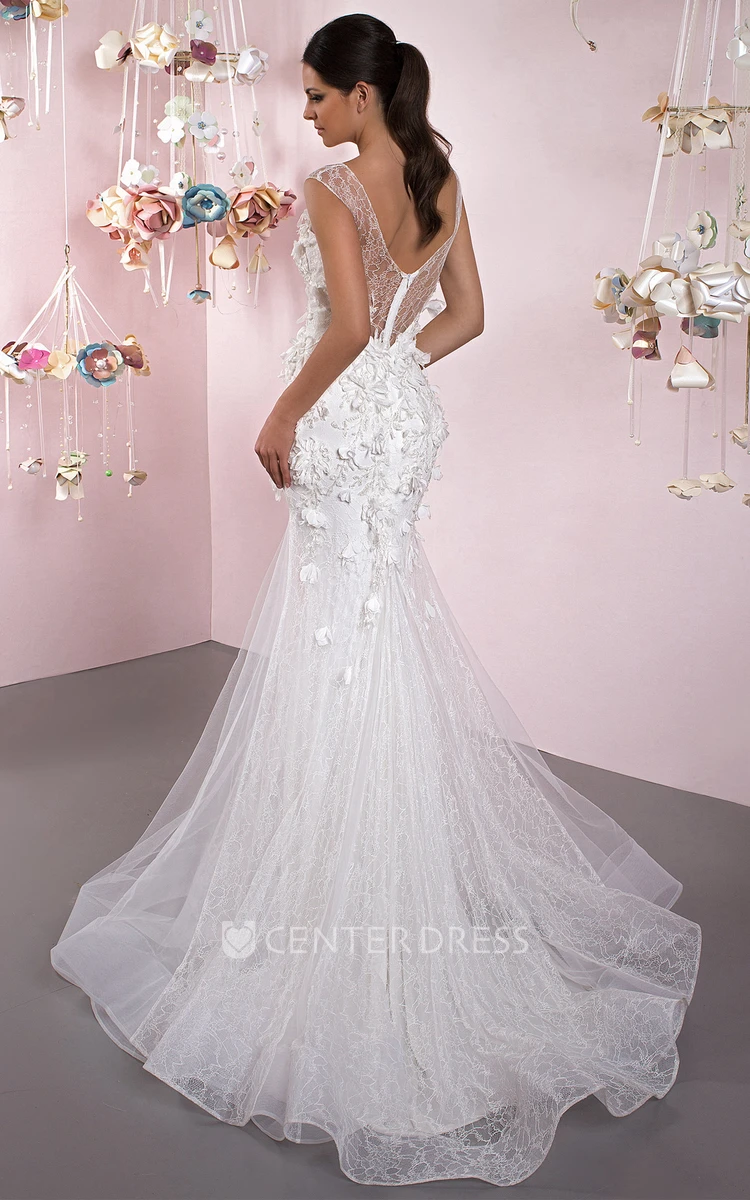 Trumpet Appliqued Long Scoop Sleeveless Tulle Wedding Dress With Ruffles And Flower