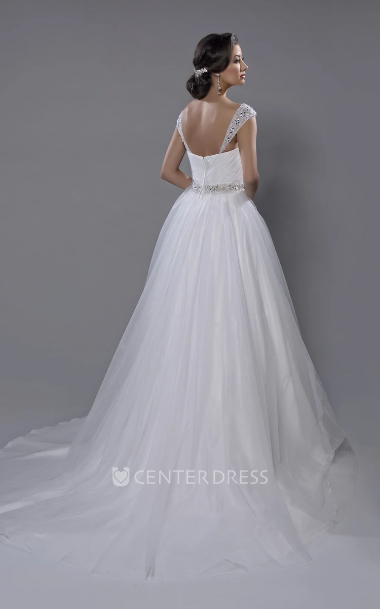 Tulle A-Line Wedding Dress With Ruched Crisscross Bodice And Beaded Shoulders