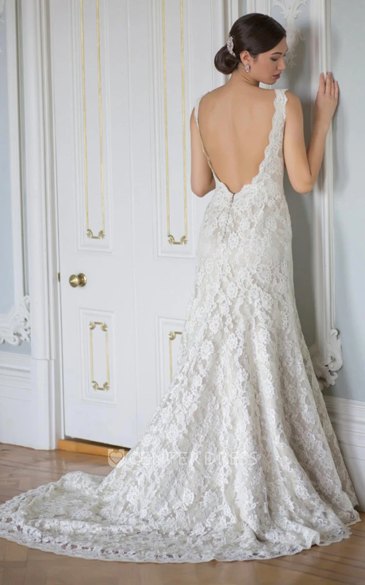 Mermaid V-Neck Sleeveless Lace Wedding Dress With Backless Design