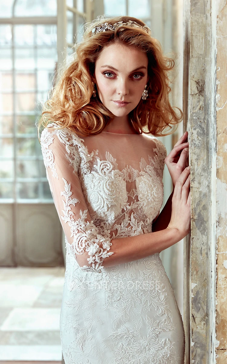 3-4-Sleeve Sheath Lace Wedding Dress With Court Train And Illusive Appliqued Bodice
