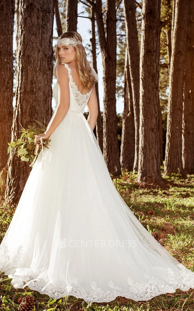 Chiffon A-line Straps Court Train Wedding Dress with Lace and Applique
