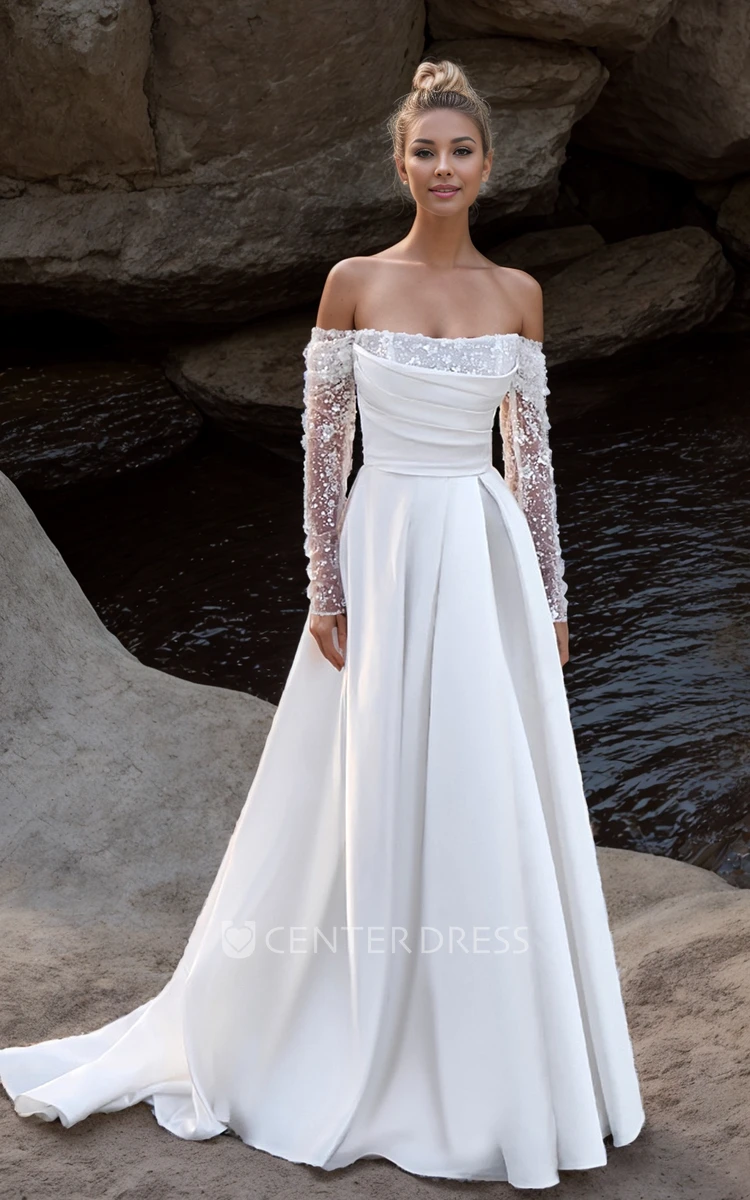 Modern Elegant Long Sleeve A-Line Wedding Dress Minimalist Beach Ruched Off the Shoulder Sequined Satin Corset Back Bridal Gown