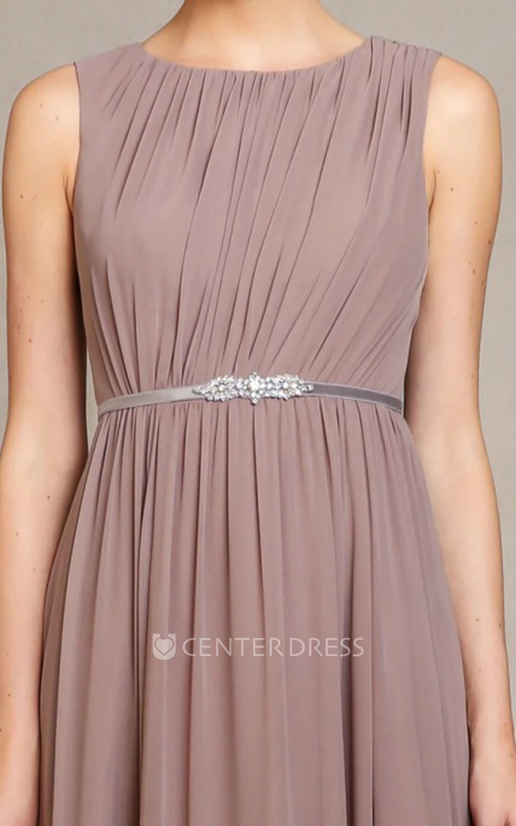 Scoop Long Ruched Chiffon Bridesmaid Dress With Sweep Train And Keyhole