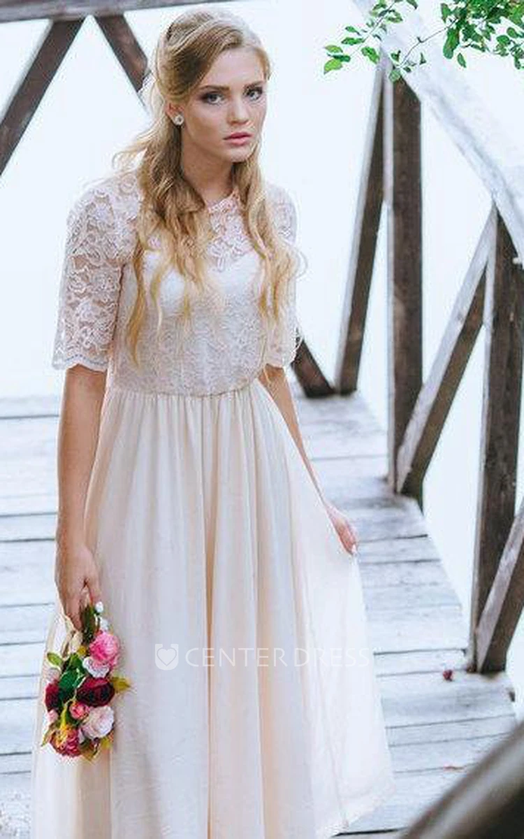 Boho Blush Ankle Length A-Line Chiffon Wedding Dress With Lace Bodice -  UCenter Dress