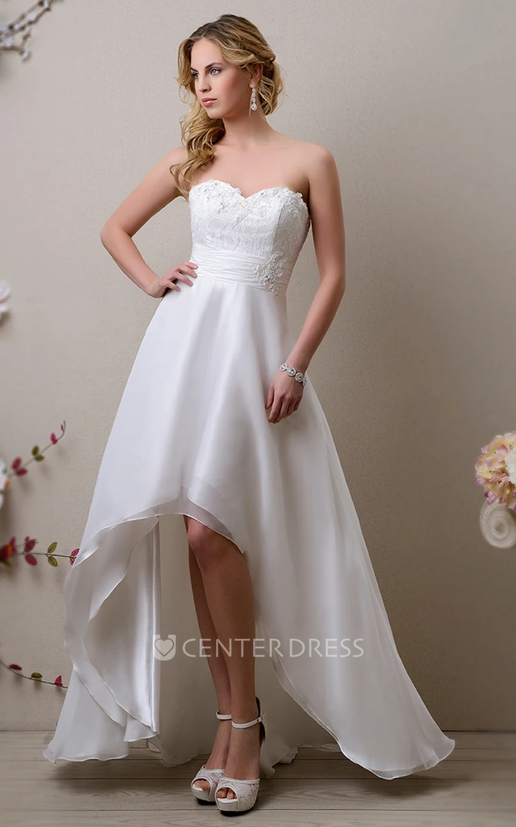 High-Low Sweetheart A-Line Wedding Dress Featuring Lace Bodice