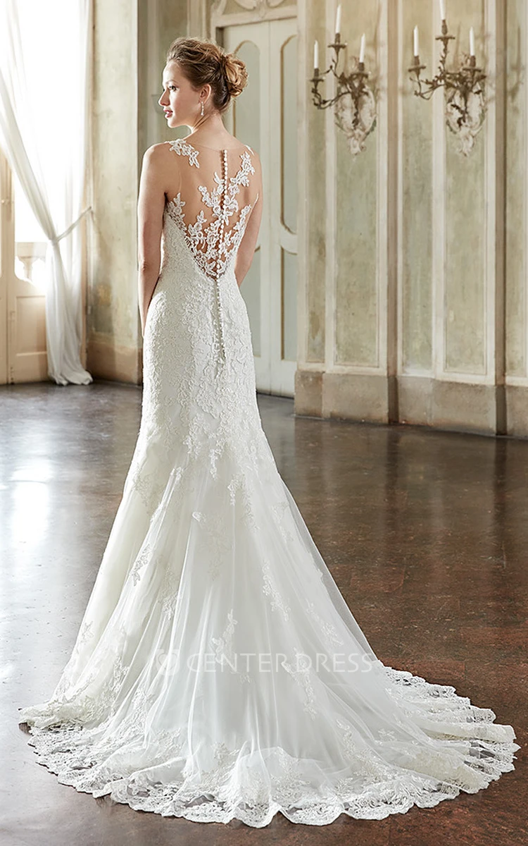Sheath Sleeveless Scoop-Neck Floor-Length Appliqued Lace Wedding Dress