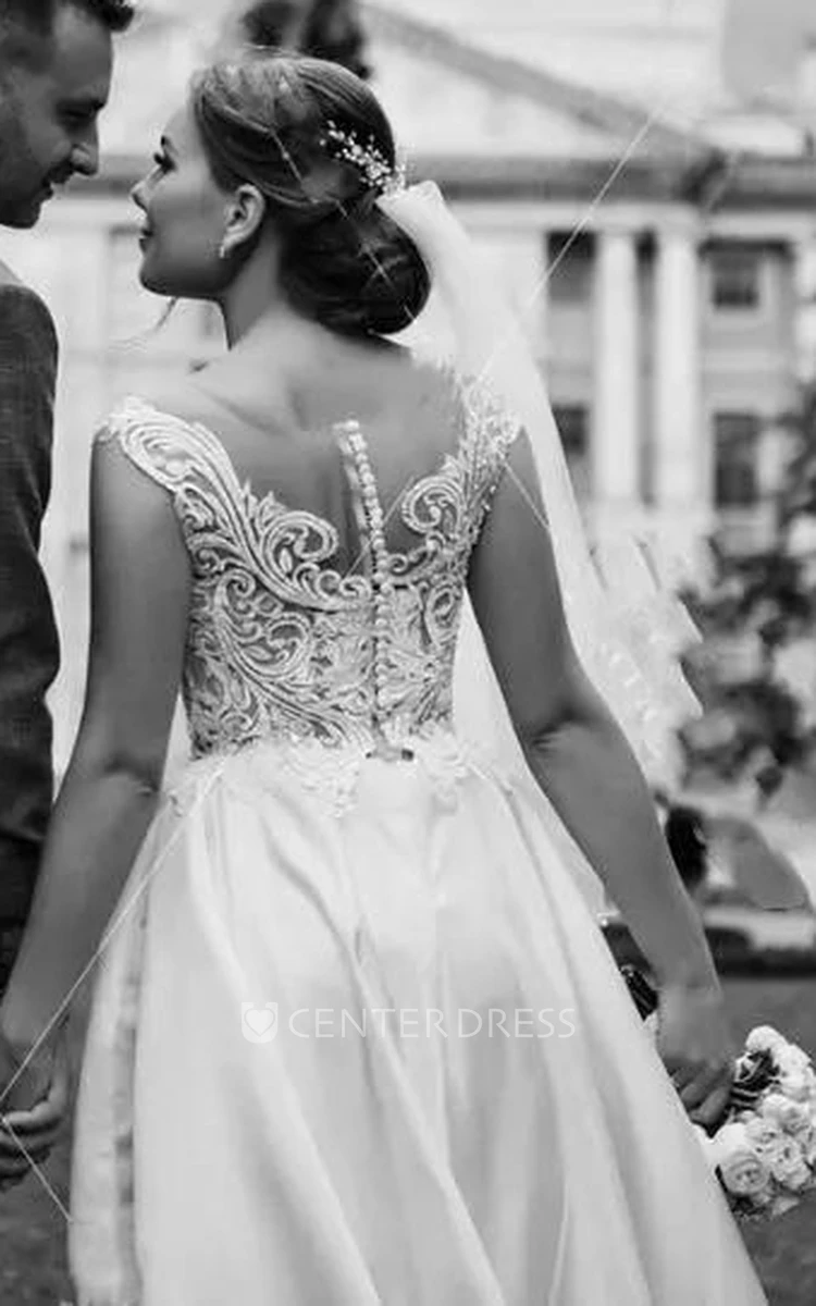 A Line Sleeveless Satin Lace Elegant Button Illusion Wedding Dress with Ruffles