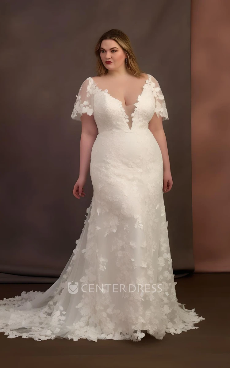 Lace Tulle Plus Size Short Sleeve Wedding Dress Bohemian Romantic Garden Mermaid Style