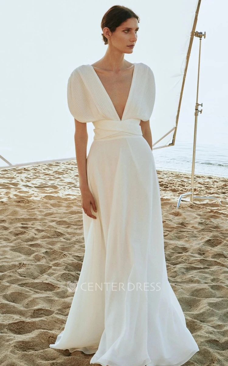 Modern A Line Chiffon V-neck Floor-length Wedding Dress with Sash