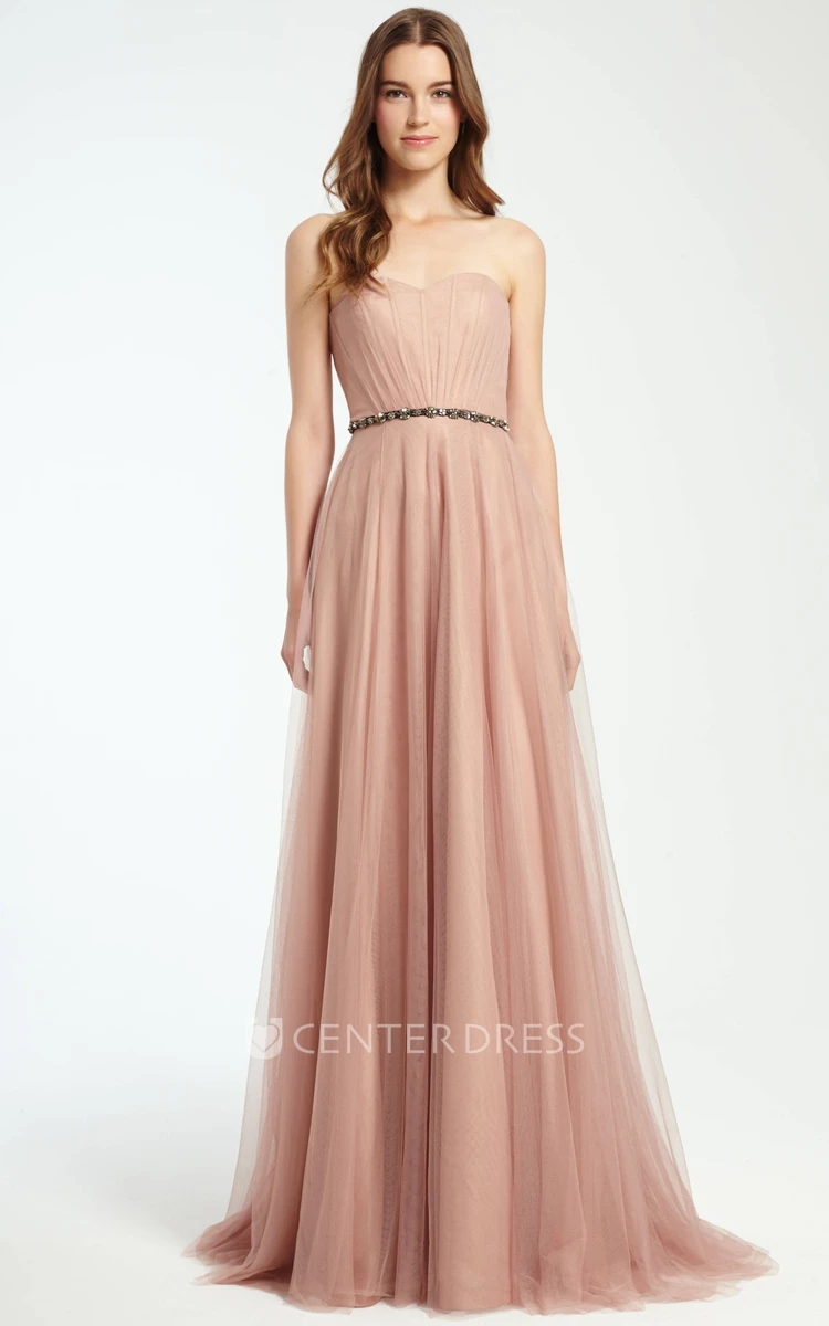 Strapless Ruched Tulle Bridesmaid Dress With Waist Jewellery