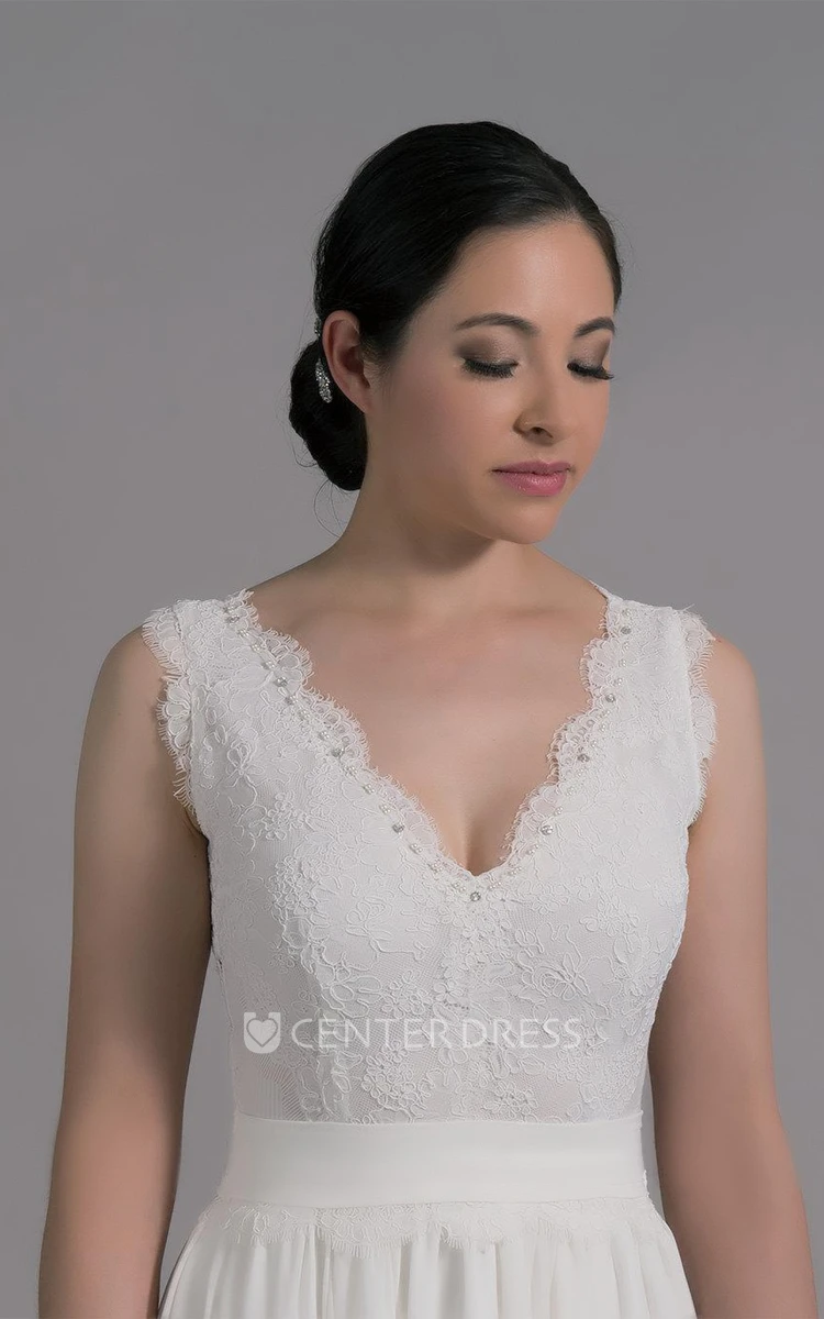 Deep-V Neck Sleeveless Long A-Line Wedding Dress With Chiffon Skirt