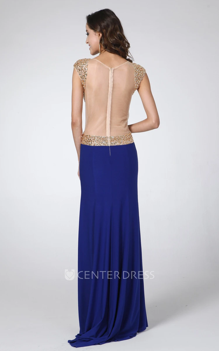 Sheath Scoop-Neck Cap-Sleeve Jersey Illusion Dress With Split Front And Beading
