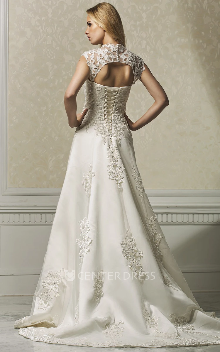 A-Line Appliqued Sweetheart Long Sleeveless Satin&Lace Wedding Dress