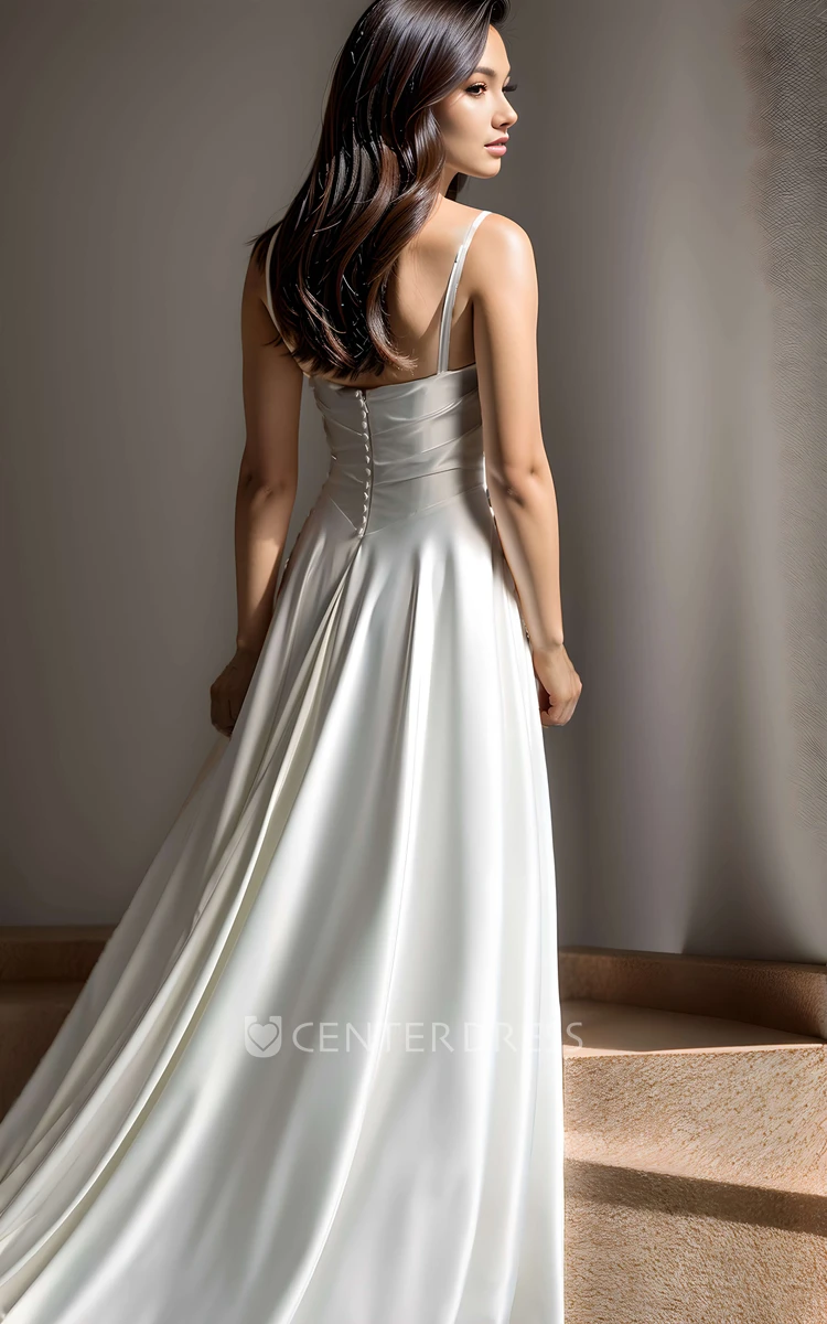 Simple Solid A-Line Ruching Satin Floor-length Sleeveless Wedding Dress Sexy Elegant Straps Square Neck Beach Backless Button Zipper Bridal Gown