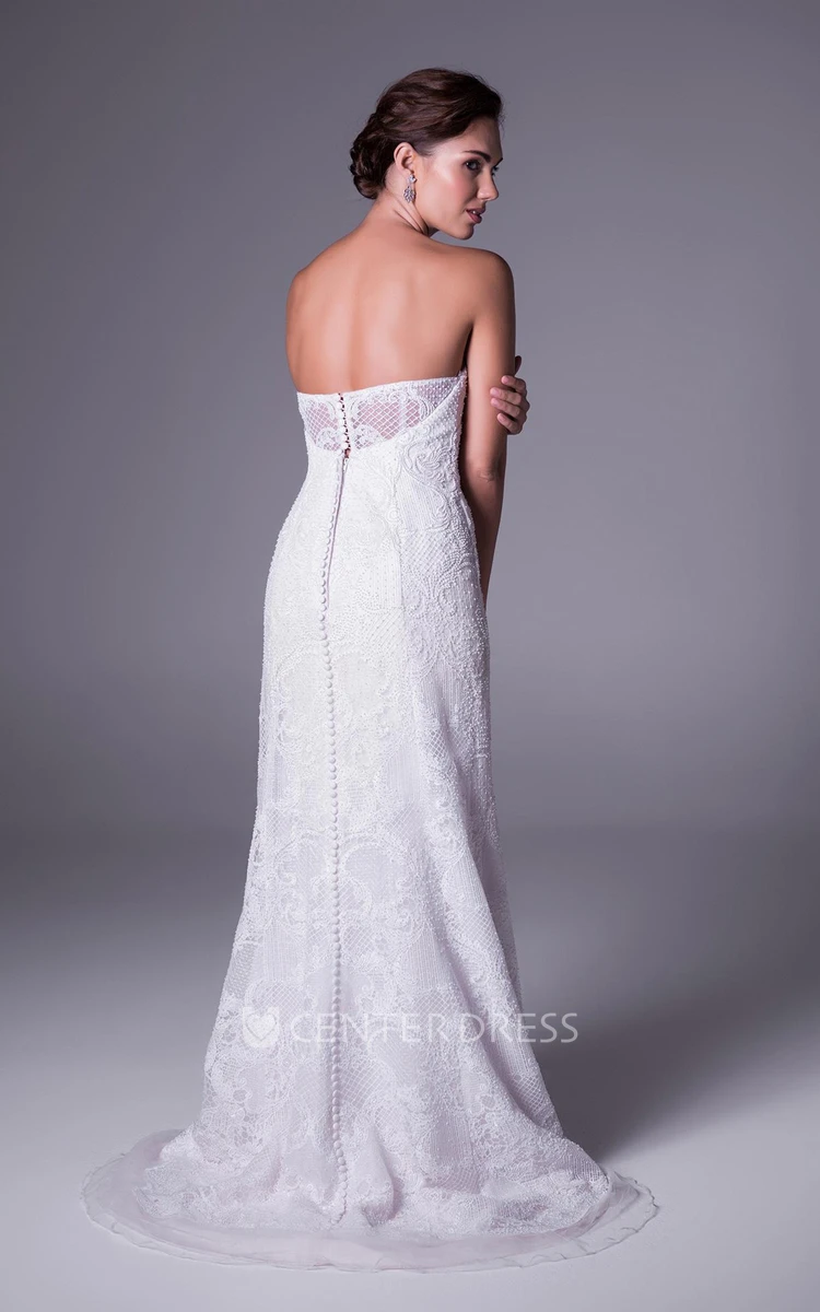 Sheath Sleeveless Floor-Length Strapless Lace Wedding Dress