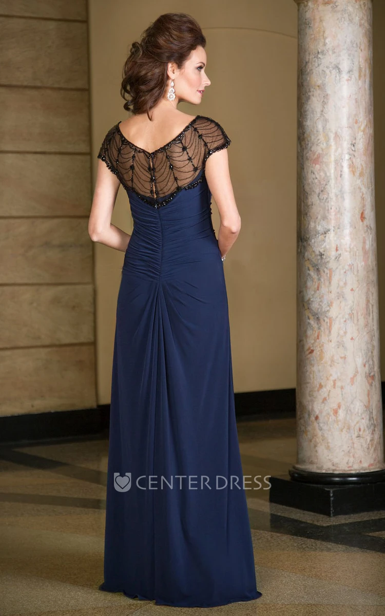 Cap-Sleeved Long Mother Of The Bride Dress With Illusion Beaded Neck