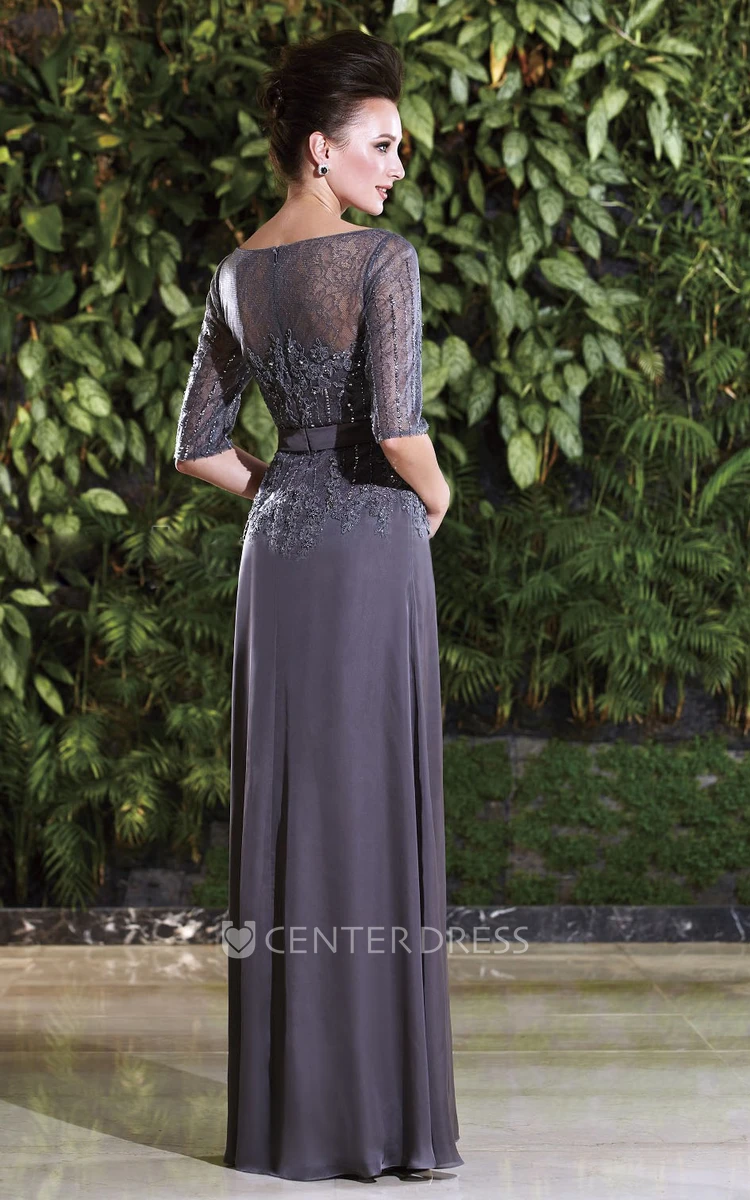 Half-Sleeved Long Mother Of The Bride Dress With Beadings And Appliques