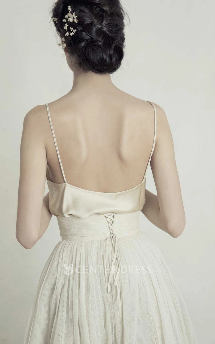 Modern Satin A Line Tea-length Sleeveless Spaghetti Wedding Dress with Ruching
