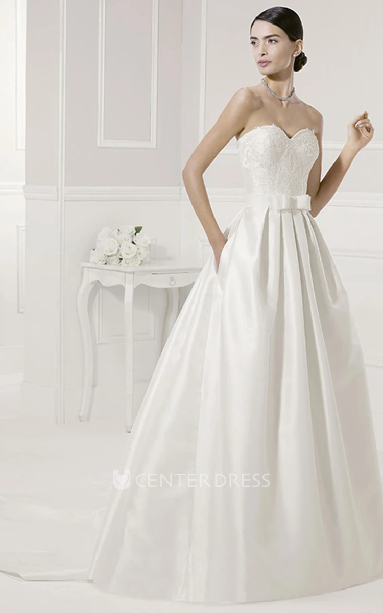 Lace Bodice Taffeta Bridal Gown With Bow And Removable Appliqued Top