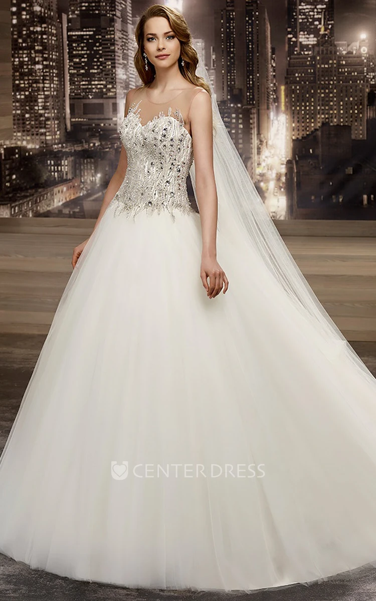Illusion Cap sleeve Beaded A-line Wedding Dress with Jewel Neck