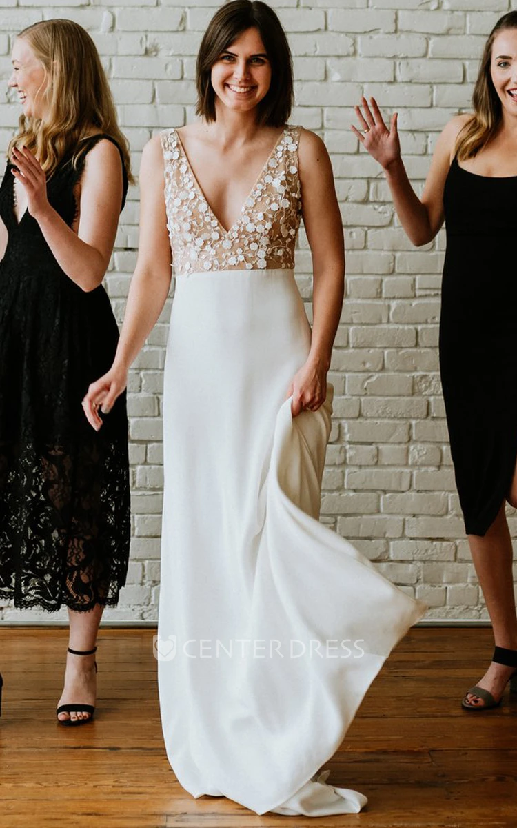 V-neck A-Line Lace Bohemian Wedding Dress With Low-V Back And Appliques