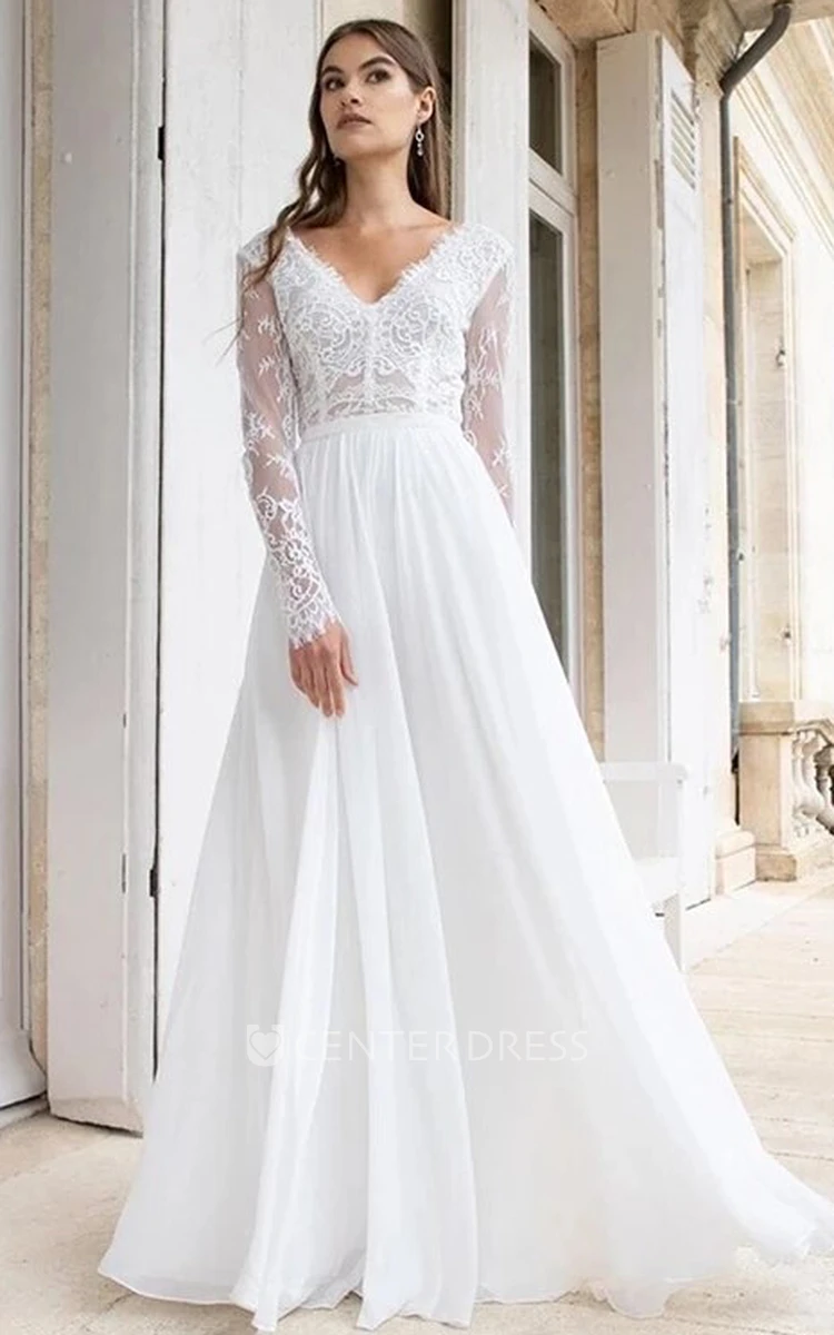 Chiffon Lace V-neck A Line Long Sleeve Floor-length Low-V Back Wedding Dress