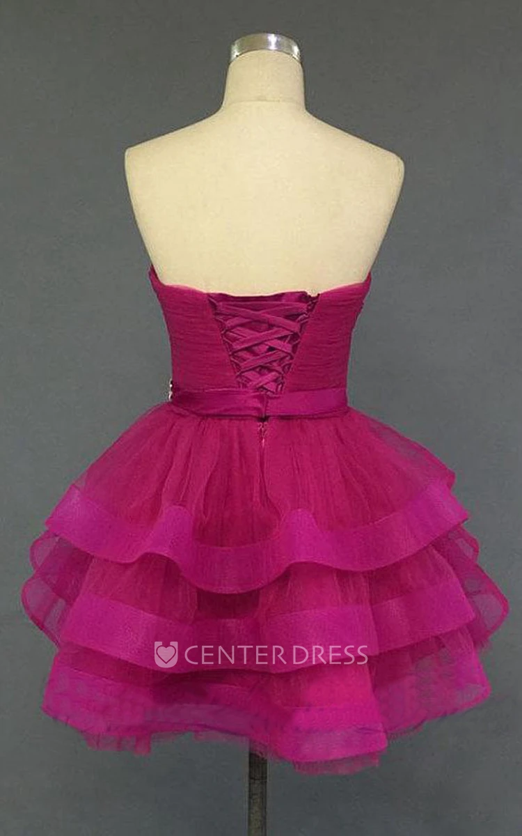 Sweetheart Ruched Tiered Short Organza Dress With Beading 
