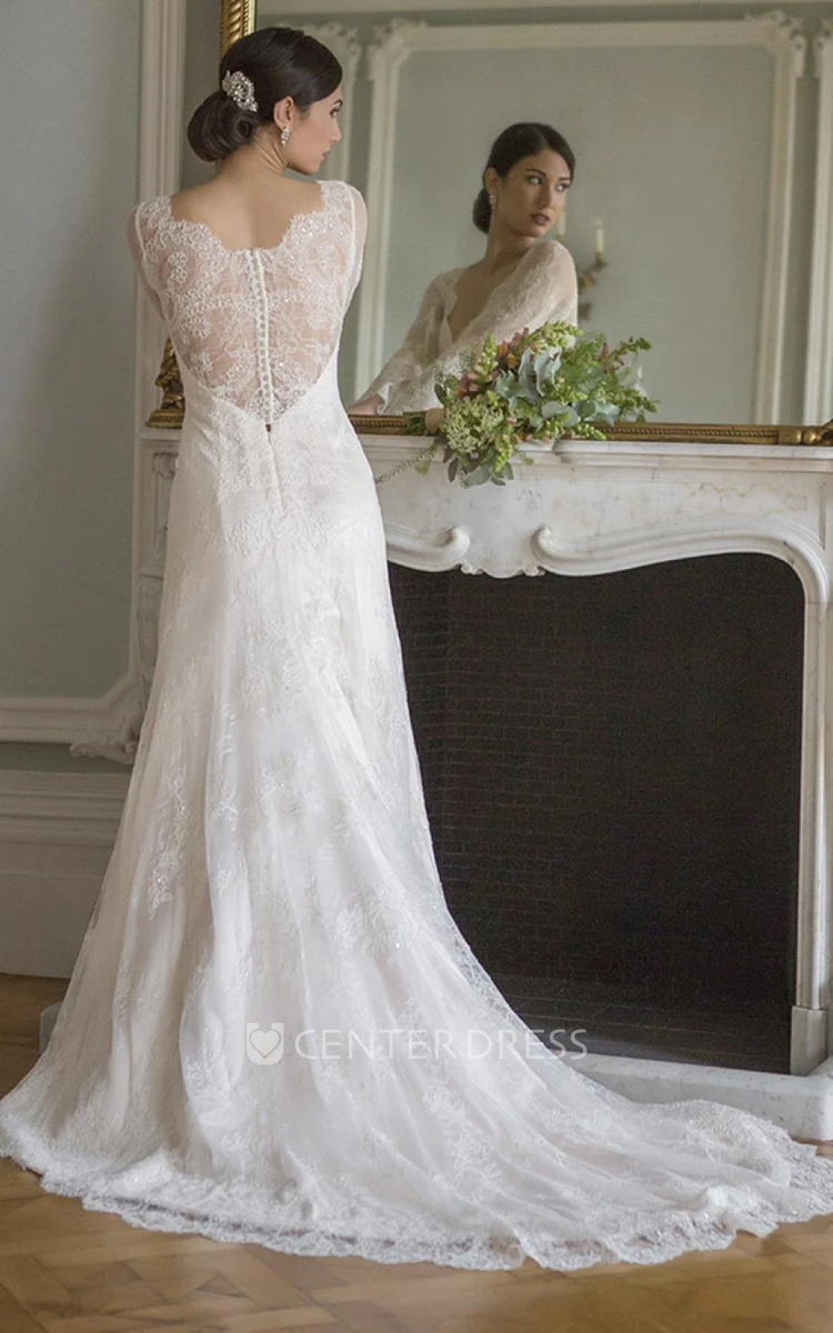 A-Line V-Neck Floor-Length Long-Sleeve Lace Wedding Dress With Illusion