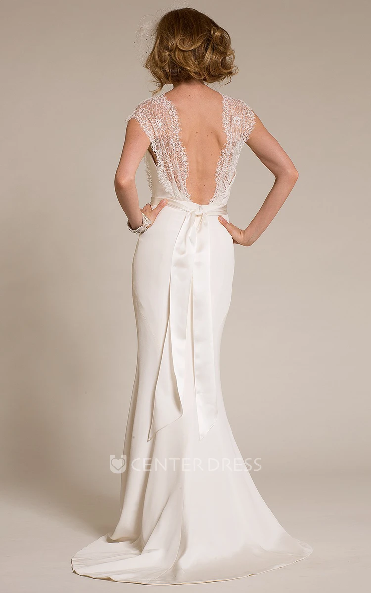 Maxi V-Neck Cap-Sleeve Lace Chiffon Wedding Dress With Sweep Train And V Back