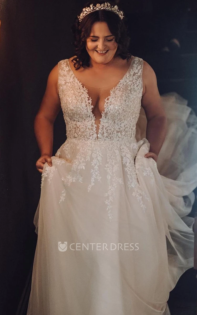 Plunging V-neck Sleeveless Sexy A-Line Lace Wedding Dress Open Back Romantic Country