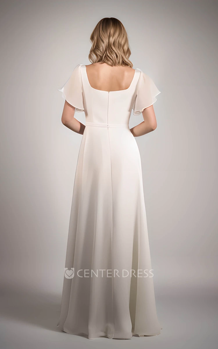 Simple Country A-Line Floor Length Wedding Dress Modest Casual Zipper Back Short Bell Sleeves Gown