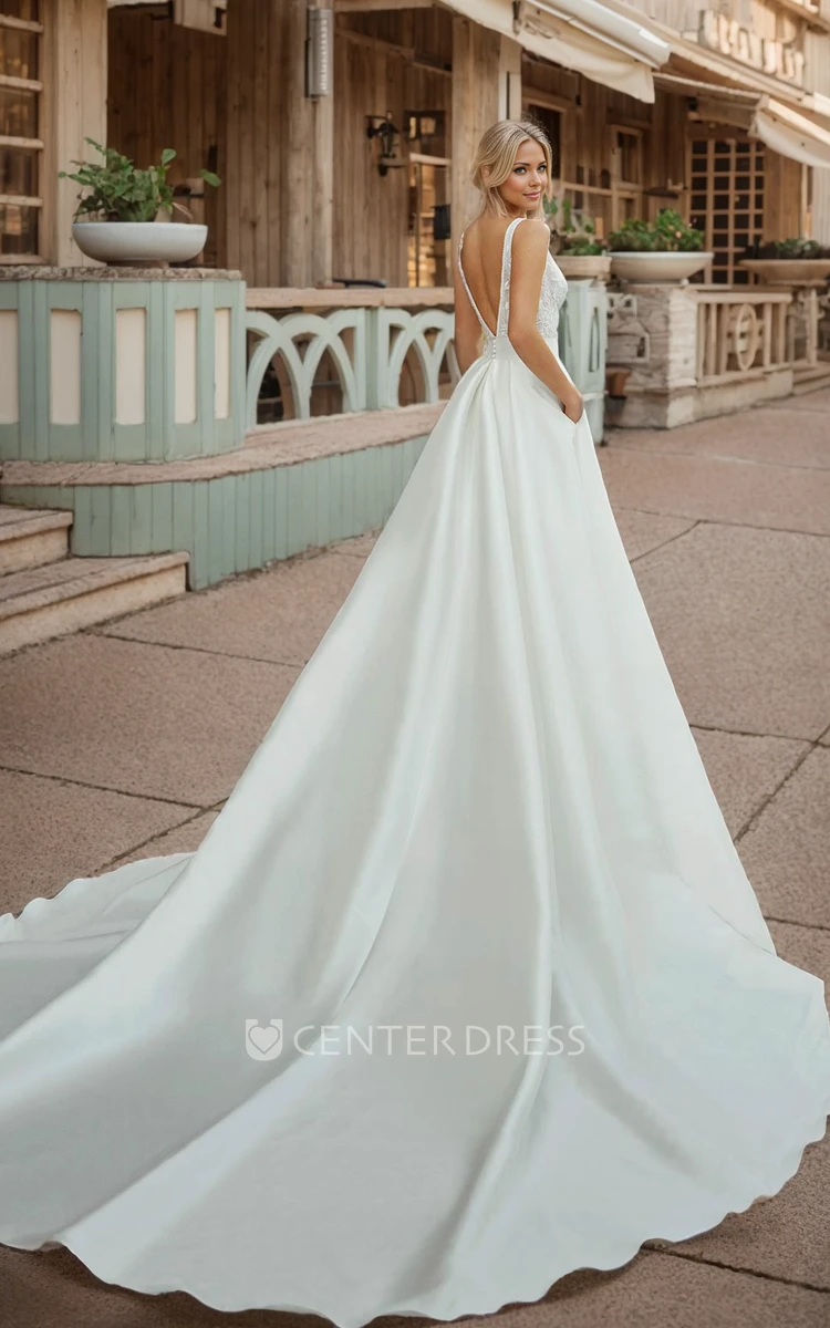 Unique Sexy A-Line Bohemian Lace Satin Wedding Dress Chic Romantic Plunging Neckline Sleeveless Backless Beaded Bridal Gown with Pockets