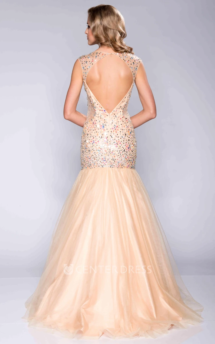 Fit And Flare V-Neck Tulle Prom Dress With Sequined Bodice